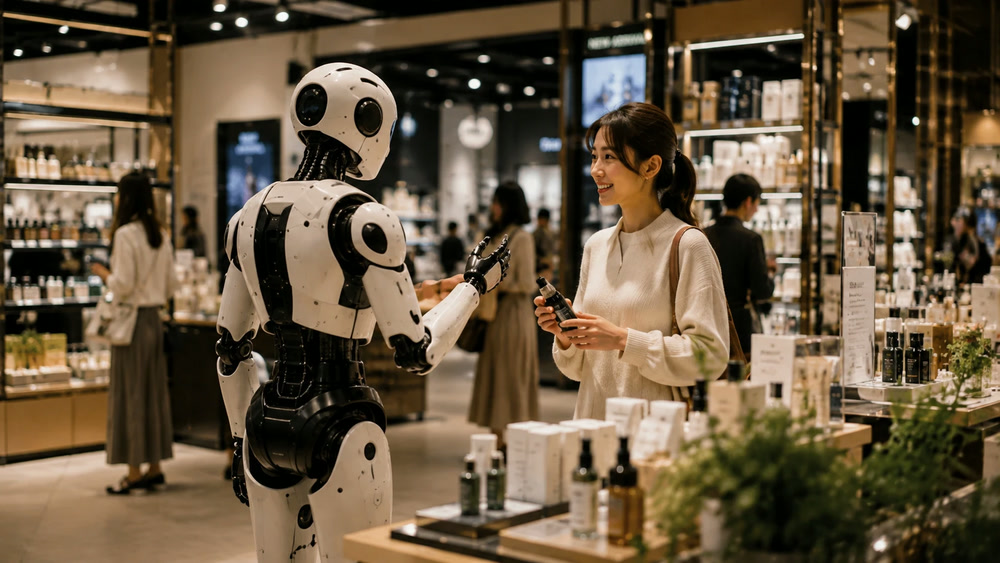 店舗で買い物客を接客するヒューマノイドロボット